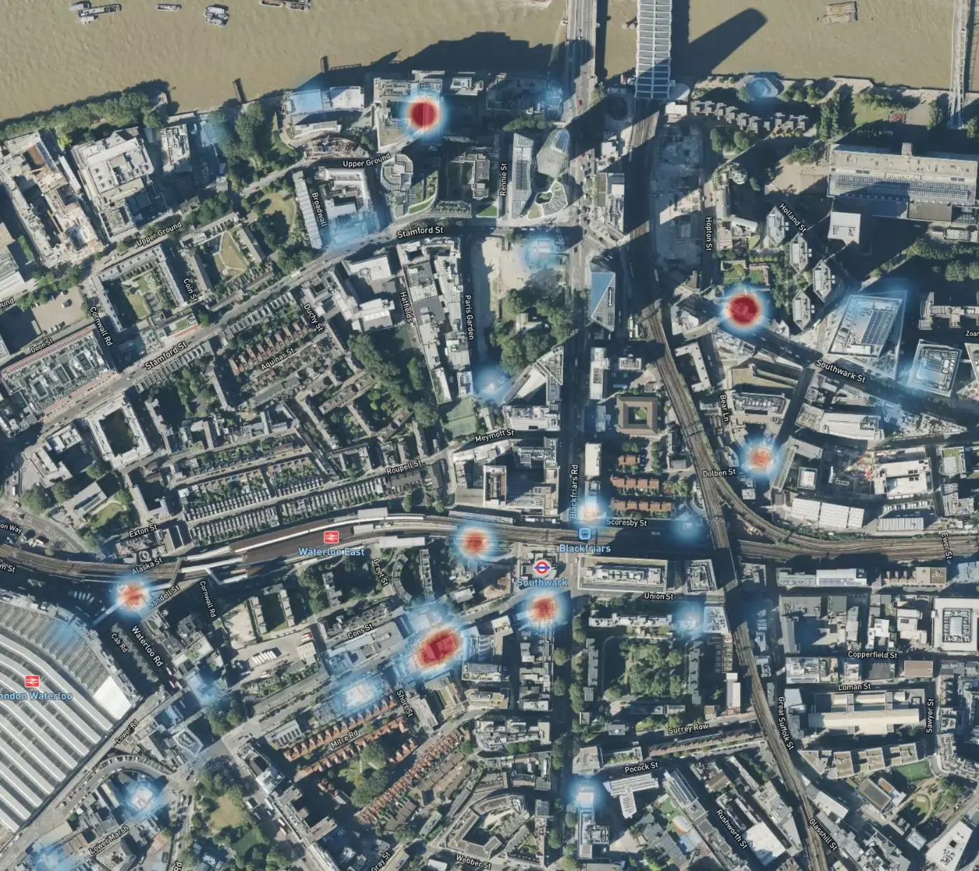 Terain platform output: street-level footfall activity across central London, seen from above