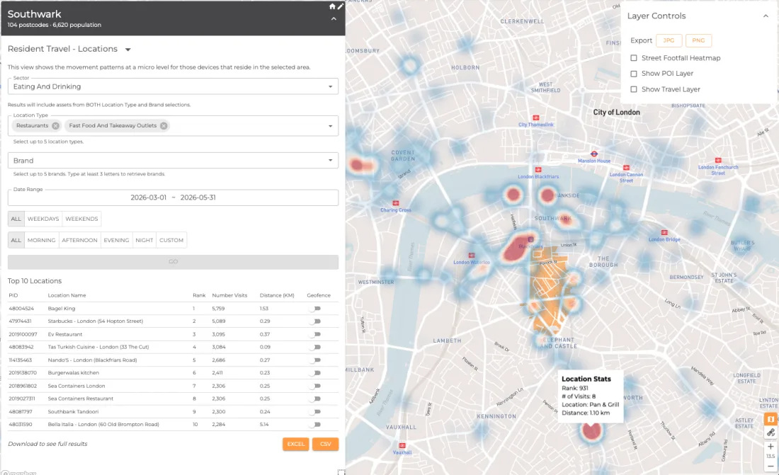 Terain platform screenshot: resident travel footfall heatmap and ranked top-10 locations for Southwark